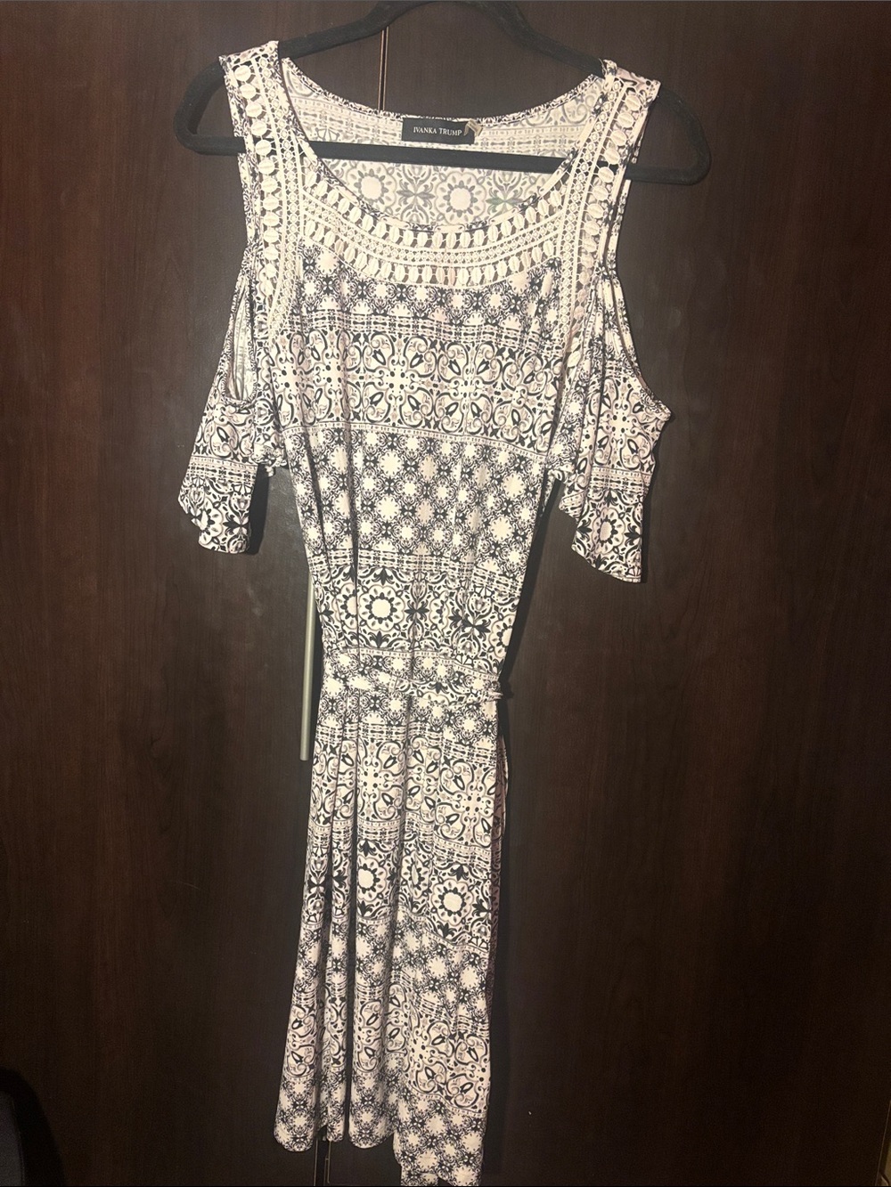 Ivanka Trump Black and White Cold-Shoulder Printed Midi Dress